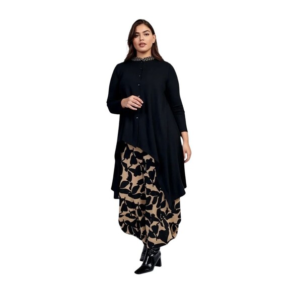 Alembika 2 Tunic Top Hi-Lo Lagenlook Asymmetrical Button Black Mandarin Collar - Picture 11 of 16